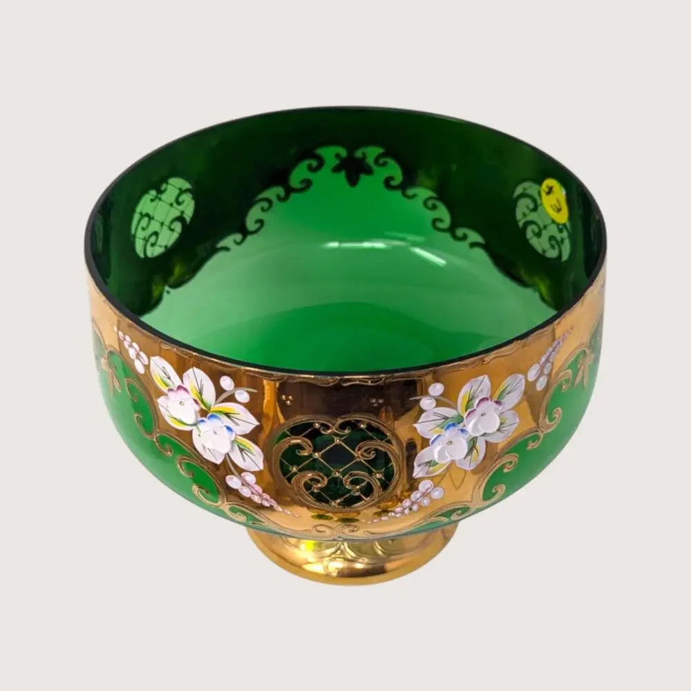 1960s Bohemian Green Glass High Enamel Gold Trim Bowl Cordial Set